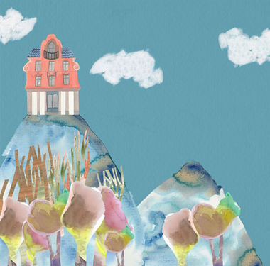 Illustration of a castle on the mountains with aqaurell.