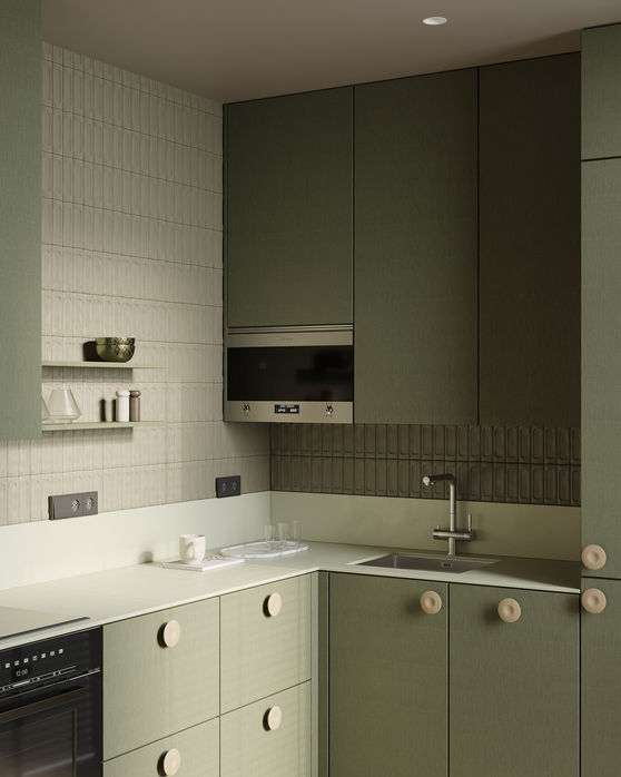 Оливкова зелена кухня. Салатові кухонні меблі та плитка. Зелена кухонна стільниця
