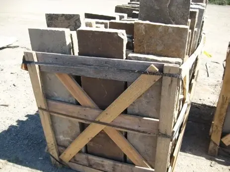 A wooden crate of stone for Hearths and Mantles supplied by Rock-It Natural Stone.