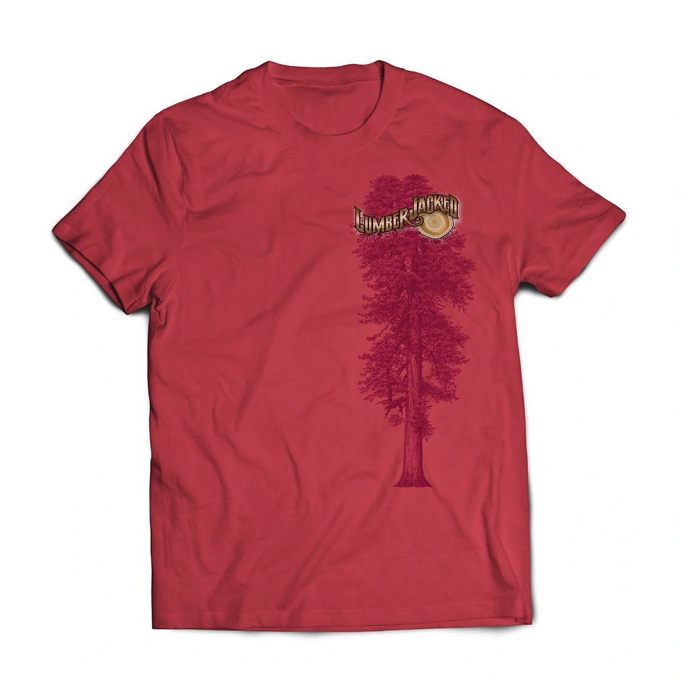 Front of red shirt with a large tree on the front.