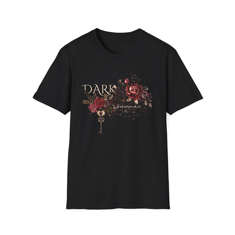 Front of black t-shirt featuring moody, dark flowers and a key with the words dark romance