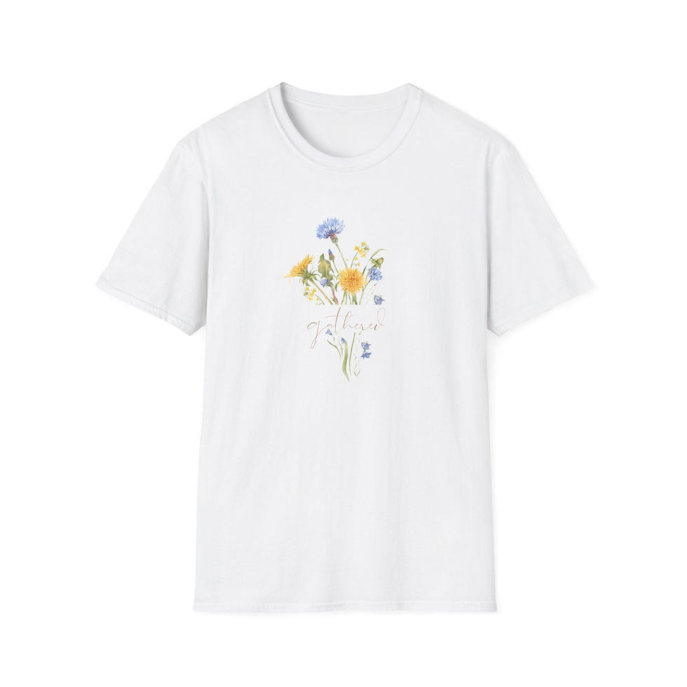 Front of white t-shirt featuring a wildflower bouquet and the word gathered