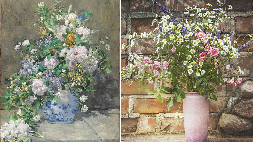 Side-by-side floral still lifes: a painted blue vase of mixed blooms and a pink vase of daisies and roses against a brick wall.