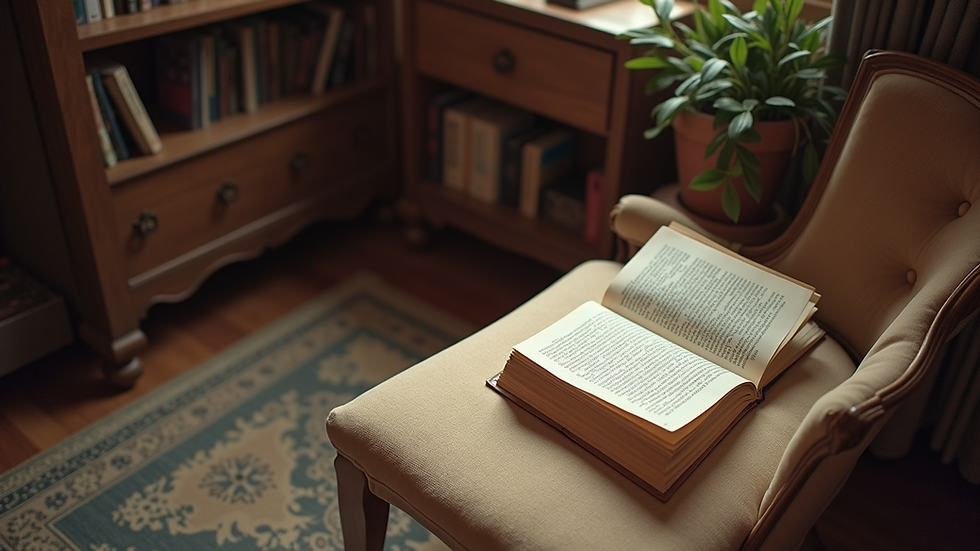 High angle view of a cozy reading nook with scattered books
