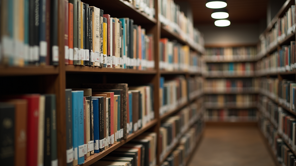Eye-level view of an organized bookshelf filled with categories