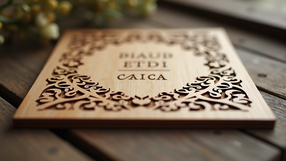 Eye-level view of rustic wooden invitation with laser-cut details