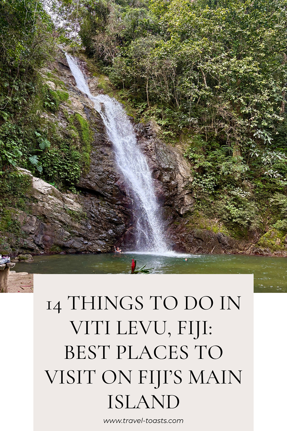 Waterfall in lush tropical forest with people swimming; text overlay reads 14 Things to Do in Viti Levu, Fiji.