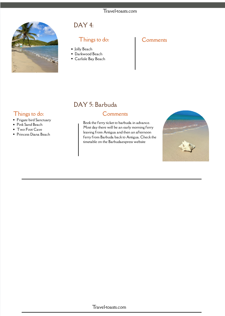 Travel itinerary for Antigua and Barbuda. Day 4 lists beaches; Day 5 involves a Ferry to Barbuda. Beach images with sand and sea.