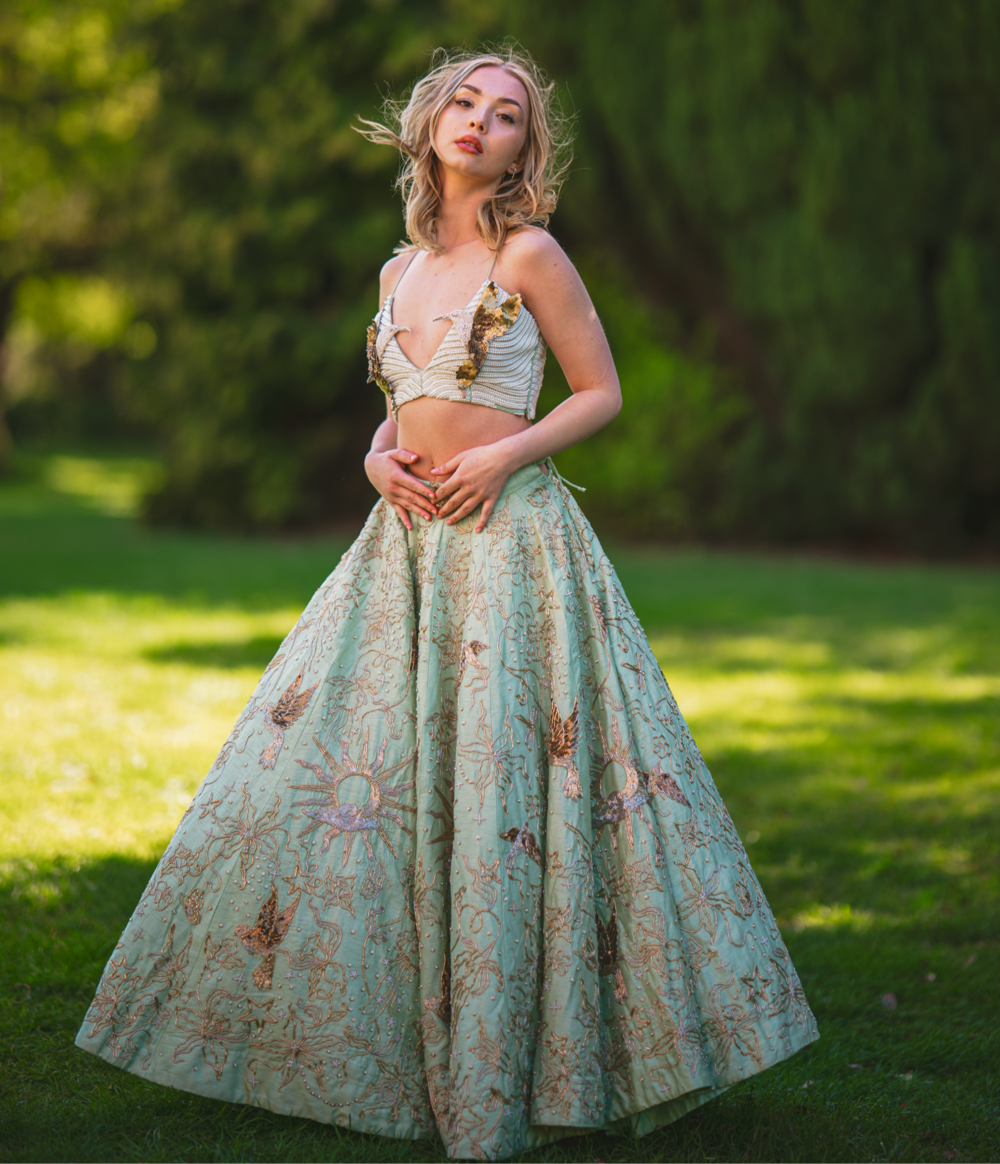 sage green hand embroidered bridal lehenga by The House of Sphinx