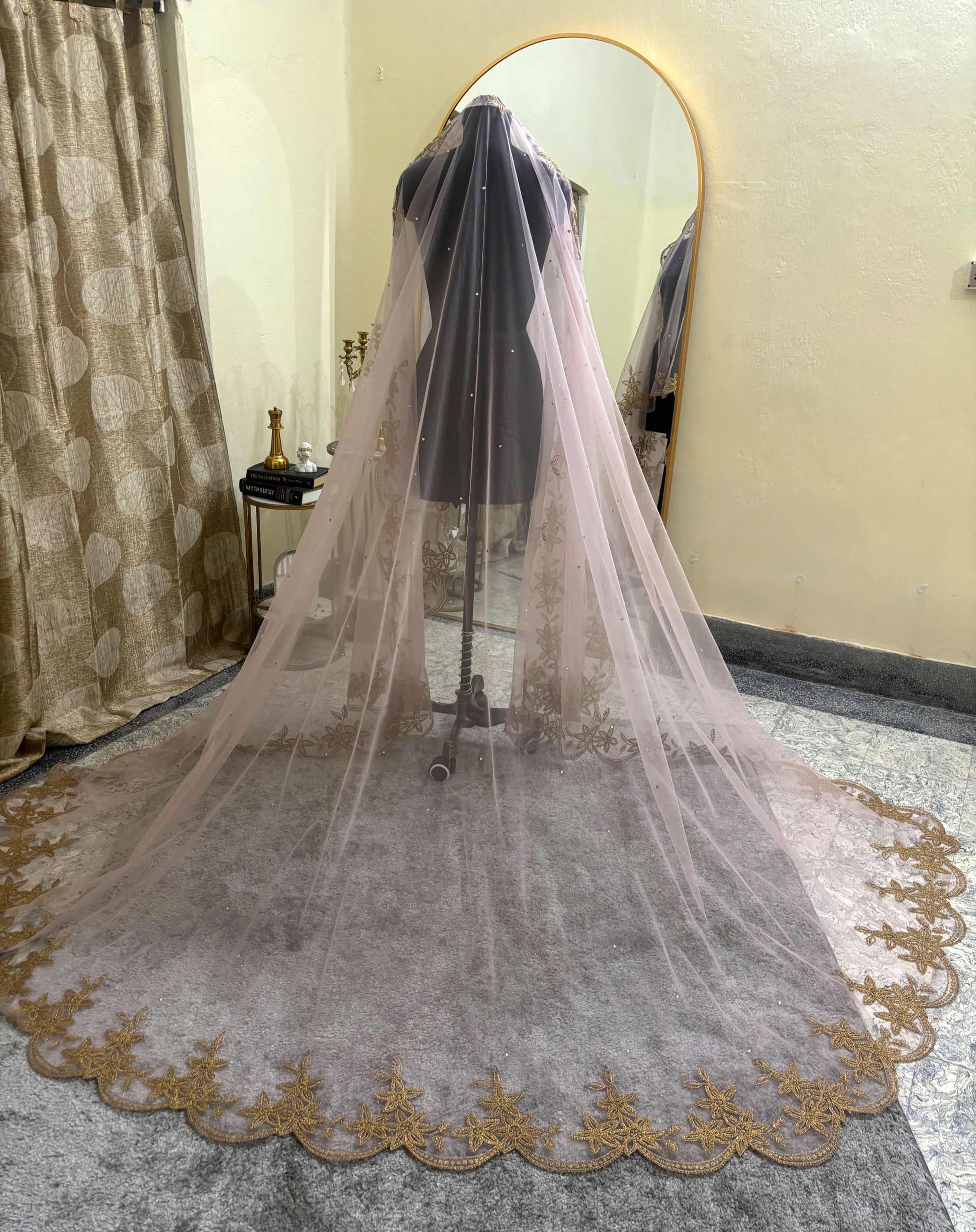 Shivani | Detachable blush Pink Bridal Veil with Dori Embroidery