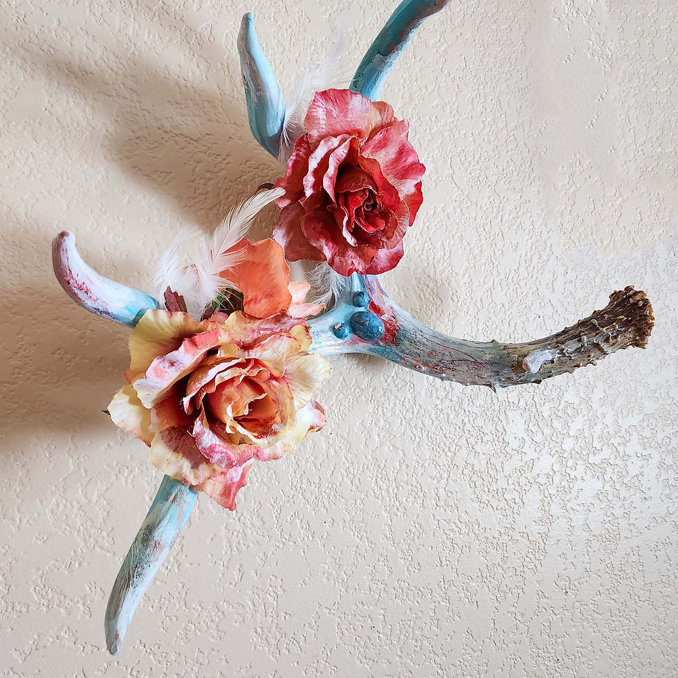 Thumbnail: Floral Deer Shed Western Boho 13IN x 14IN  Mixed Media Antler Painting