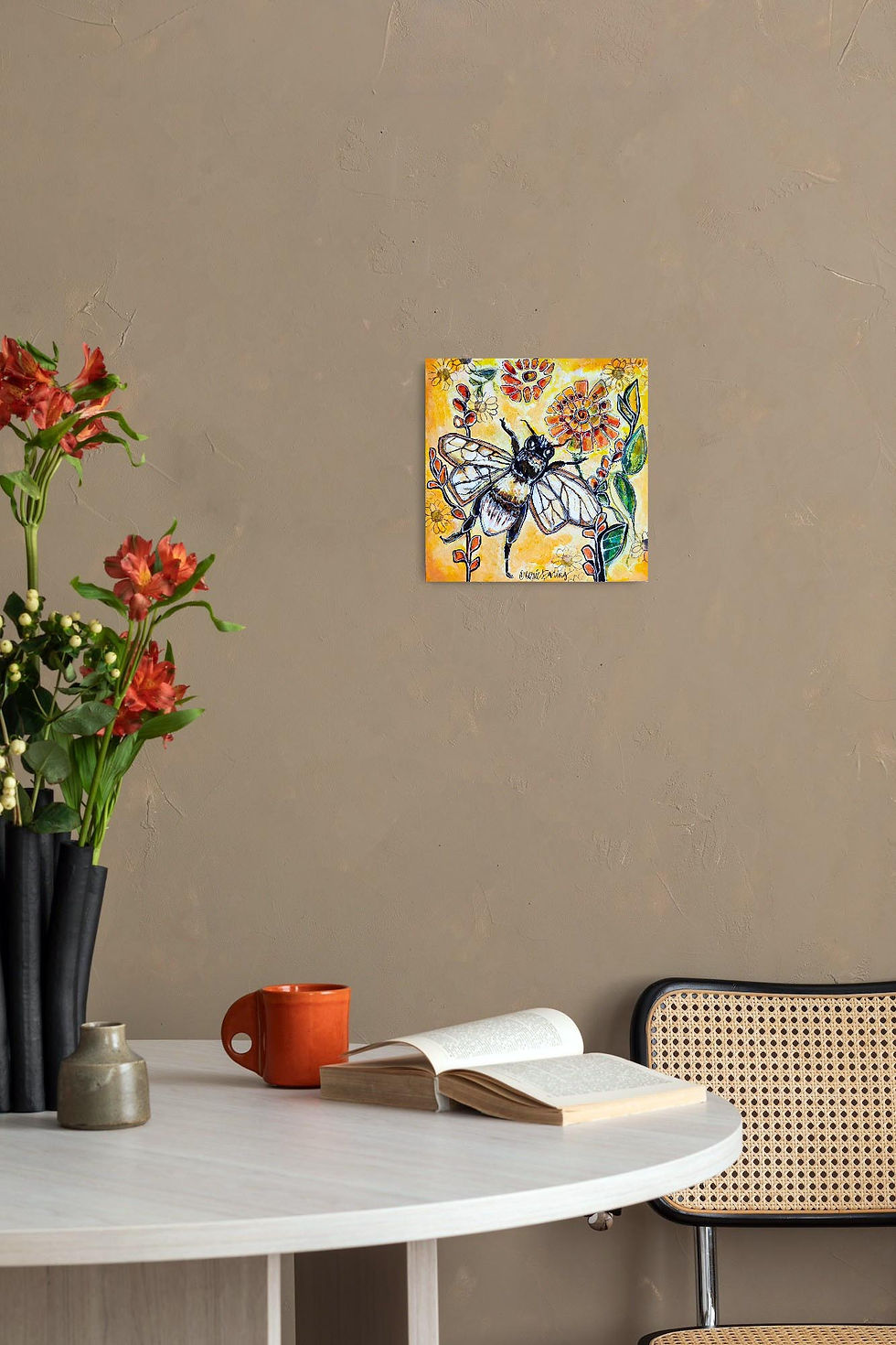 Thumbnail: Bee Cheerful 12IN x 12IN Floral Mixed Media Original Wall Art Painting