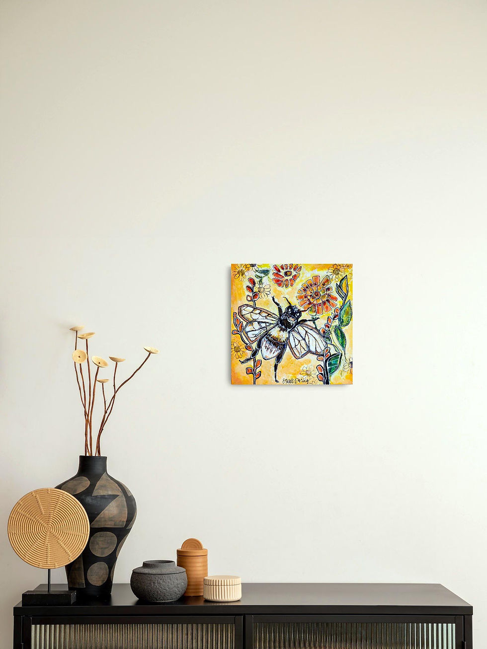 Thumbnail: Bee Cheerful 12IN x 12IN Floral Mixed Media Original Wall Art Painting
