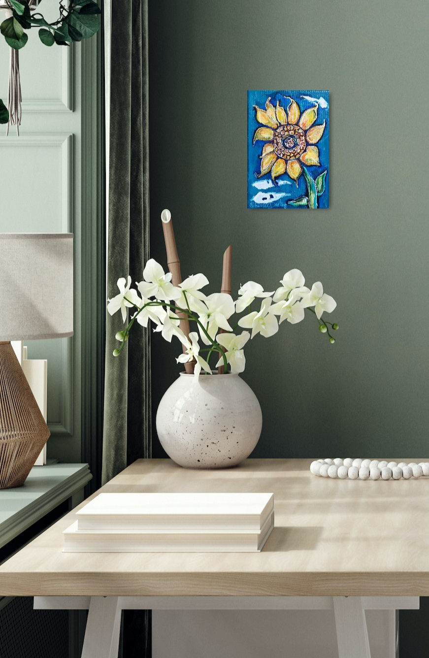 Thumbnail: Solo Sunflower Floral 5IN x 7IN Mixed Media Wall Art Painting