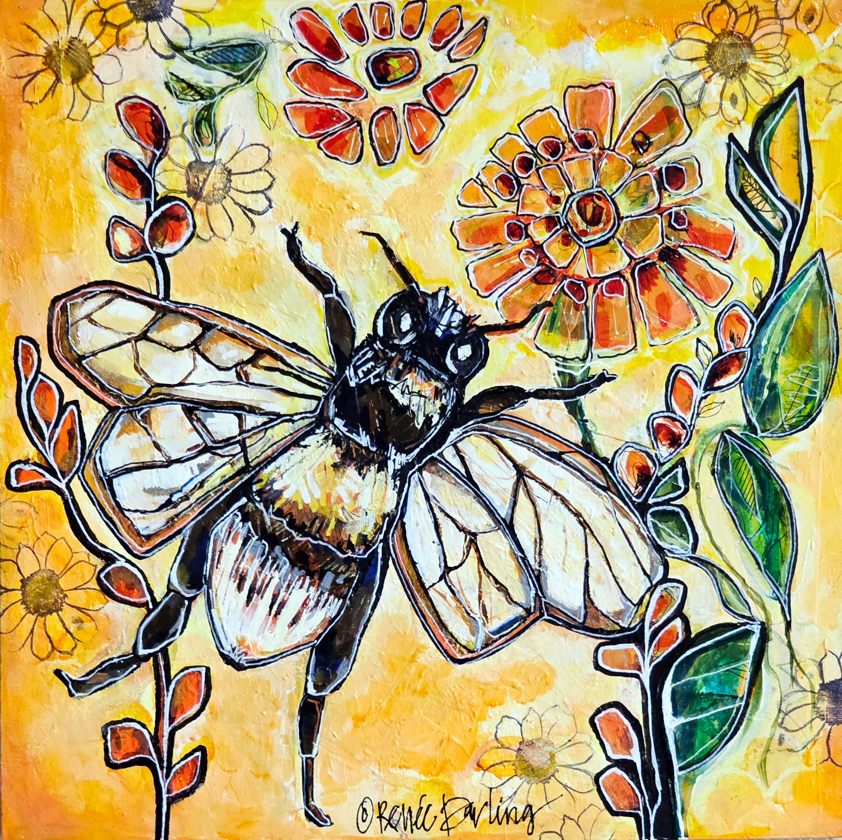 Bee Cheerful 12IN x 12IN Floral Mixed Media Original Wall Art Painting