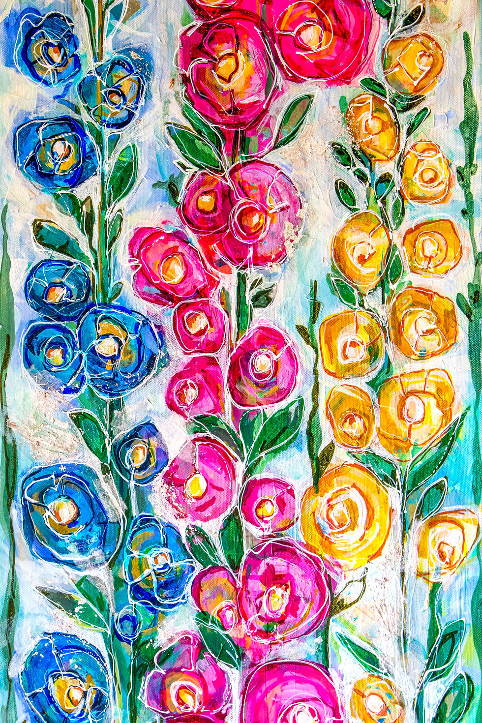 Thumbnail: Where the Hollyhocks Grow Floral Landscape 12IN x 36IN Mixed Media Painting