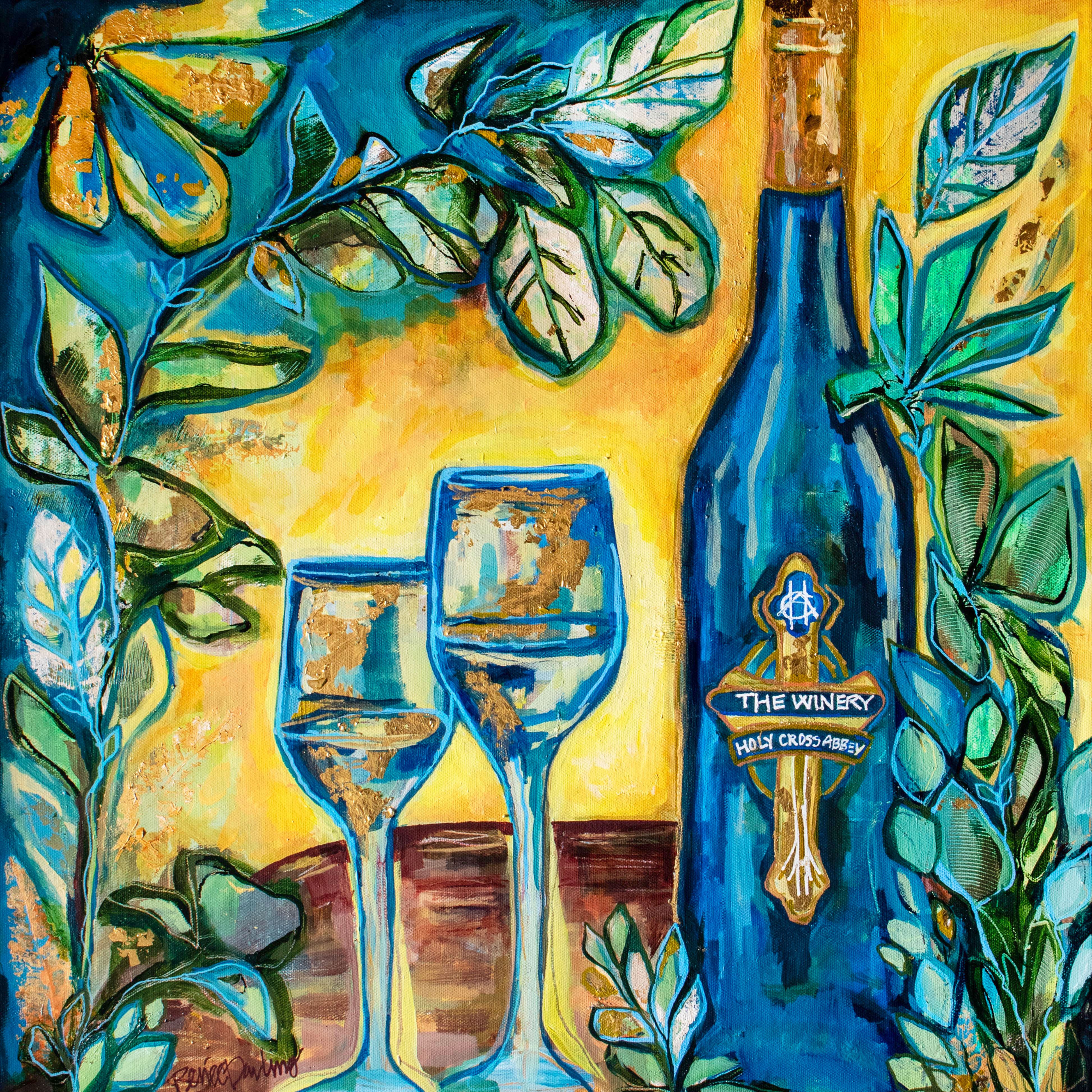 In Good Company with the Vines 20IN X 20IN Wine Bottle Gold Leaf Painting