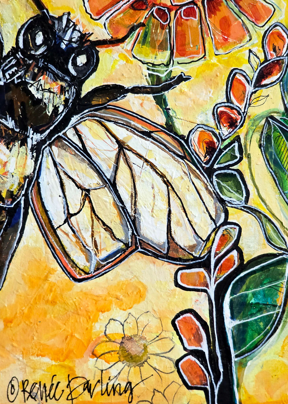 Thumbnail: Bee Cheerful 12IN x 12IN Floral Mixed Media Original Wall Art Painting