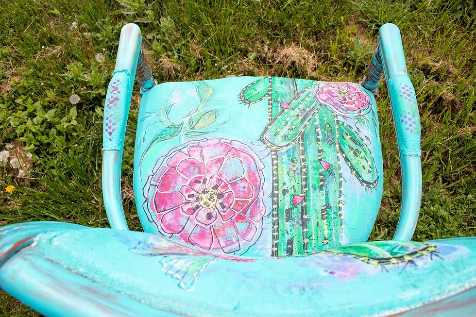 Thumbnail: Southwestern Teal Repurposed Painted Cactus Pink Flowers & Hummingbird Chair