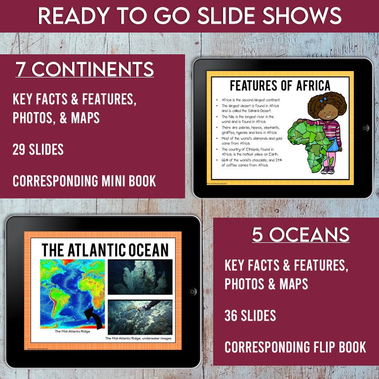 Thumbnail: 7 Continents & 5 Oceans Geography Unit Slide Shows Social Studies Worksheets