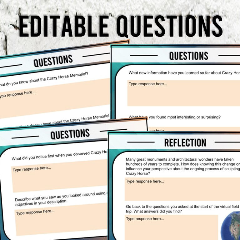 Thumbnail: Examples of the editable questions contained within the Crazy Horse Memorial Virtual Field Trip