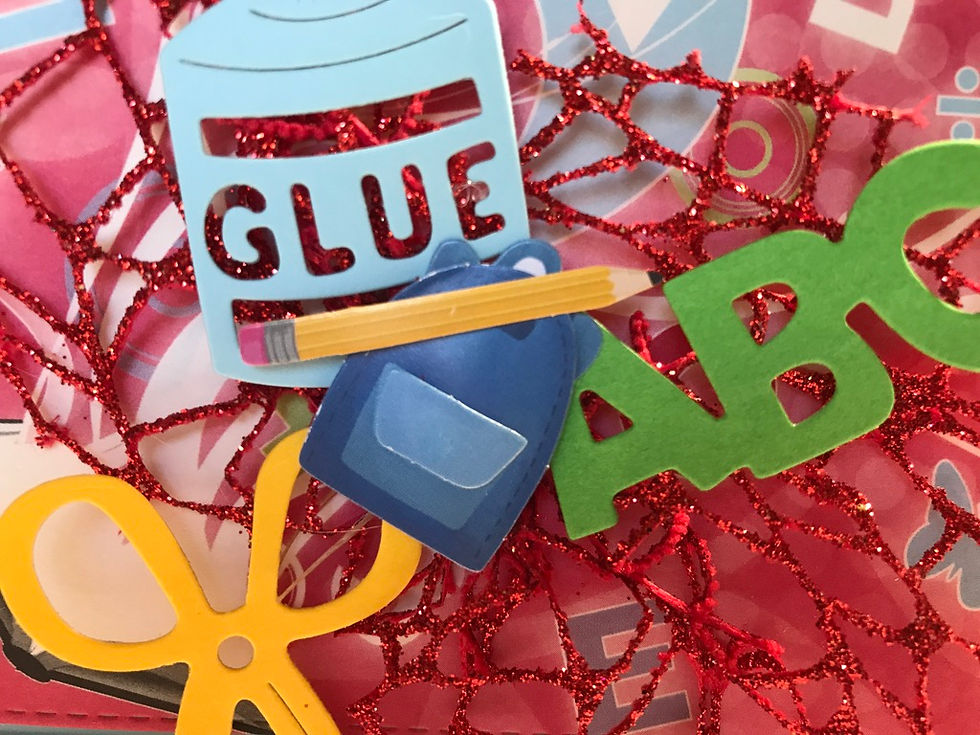 Thumbnail: Awesome 3D educational themed card with a green and blue background underneath a red printed paper with school theme.  A glittery red mesh begins the layers in the center with cut outs in the shape of scissors, a glue bottle, ABC, a blue back pack, and a yellow pencil.  At the bottom a chalkboard border with ABC's.