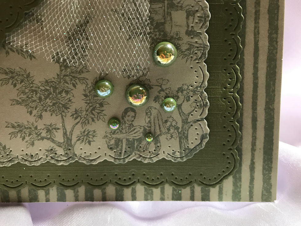 Thumbnail: Olive green greeting card with 'You are in my thoughts and in my prayers' text. White tulle gives the green a softer look.  Green AB gems give it some sparkle.  There are two layers of scalloped rectangles and they meet up with a green striped base.