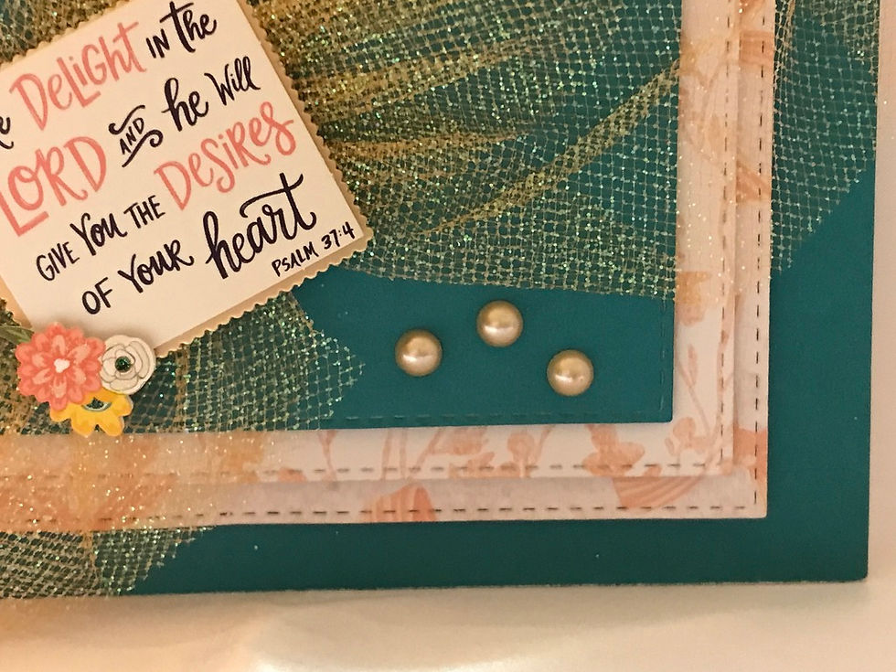 Thumbnail: Peach florals with teal layers, peach tulle under christian sentiment with peach gem embellishments.