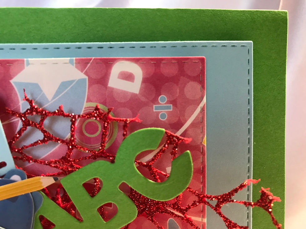 Thumbnail: Awesome 3D educational themed card with a green and blue background underneath a red printed paper with school theme.  A glittery red mesh begins the layers in the center with cut outs in the shape of scissors, a glue bottle, ABC, a blue back pack, and a yellow pencil.  At the bottom a chalkboard border with ABC's.