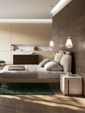 Pendant lamp suspended above a bedside table in a bedroom, providing soft ambient lighting and complementing the surrounding furniture