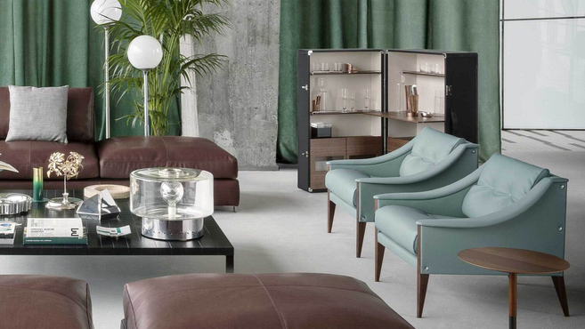 Isadora cabinet by Poltrona Frau designed by Roberto Lazzeroni styled within a contemporary living room interior highlighting the refined storage cabinet design