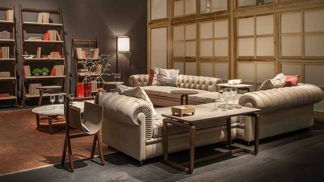 Poltrona Frau Fidelio small table with rectangular top designed by Roberto Lazzeroni displayed within an elegant lounge interior highlighting the designer side table