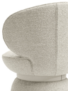 Front-facing view of the small armchair with a compact rounded seat and slightly flared backrest, designed for relaxed occasional seating