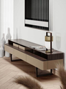 Fidelio multimedia cabinet positioned beneath a wall-mounted screen, styled with objects to highlight its function as a media storage unit in a living space