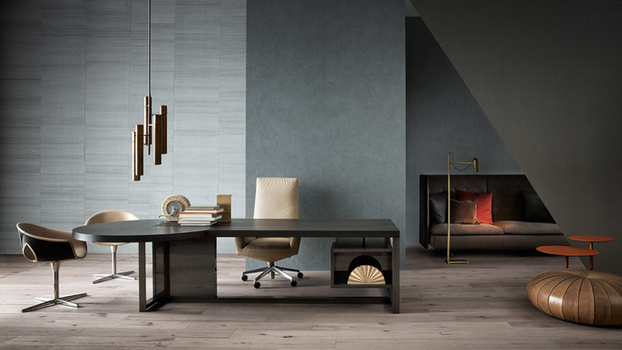 Chancellor office desk by Poltrona Frau designed by Lella and Massimo Vignelli positioned within a contemporary workspace setting