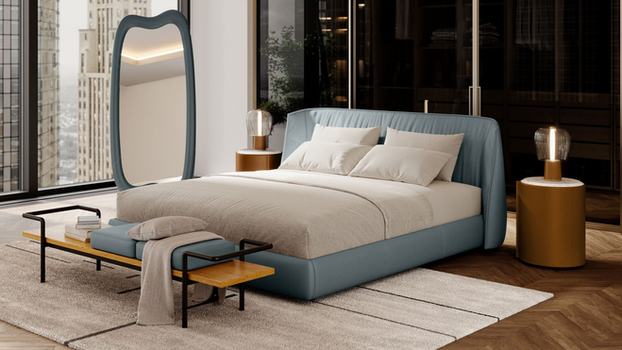 Stock’n Roll storage unit by Poltrona Frau styled in a contemporary bedroom interior with bed, bedside tables and Squash wall mirror, highlighting the modular rolling storage unit positioned beside the bed