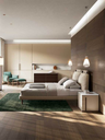 Times bed by Poltrona Frau placed within a contemporary bedroom featuring wood paneling and layered bedding creating a calm, architectural environment