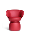 Front view of the Leplì small armchair featuring a rounded seat and enveloping backrest set on a compact cylindrical base, emphasising its sculptural and balanced design