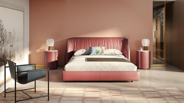 Archibald bed by Poltrona Frau designed by Jean-Marie Massaud styled within a contemporary bedroom interior highlighting the upholstered headboard and refined craftsmanship