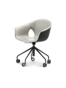 Office chair with a curved backrest and seat, presented with a swivel base to emphasise its compact design