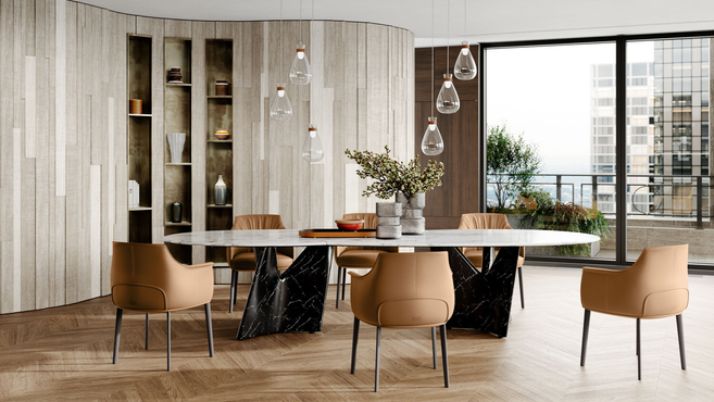 Archibald Large dining chair by Poltrona Frau designed by Jean-Marie Massaud arranged around a contemporary dining table within a refined residential interior