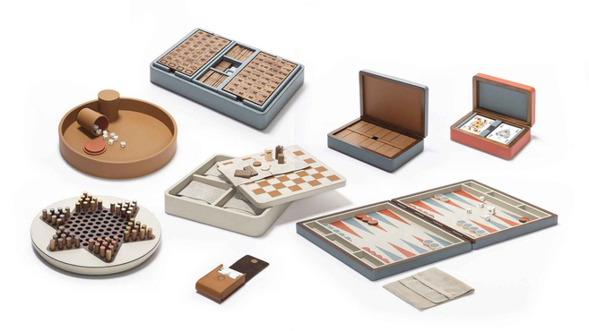 Games Collection Mahjong by Poltrona Frau and Giobagnara featuring a luxury Mahjong set with tiles and accessories presented in a refined storage case
