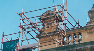 Scaffolded sandstone balustrade and pediment on Cape Town City Hall roof, access for restoration.