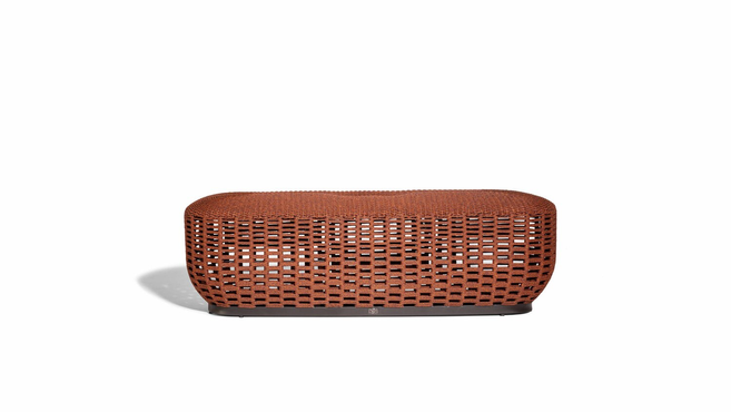 Leplì Outdoor Ottoman by Poltrona Frau from the Leplì outdoor collection displayed as a woven outdoor ottoman designed for refined exterior lounge settings