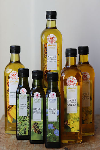 Bouteilles huiles végétales et artisanales, pressées à froid, 100% locales