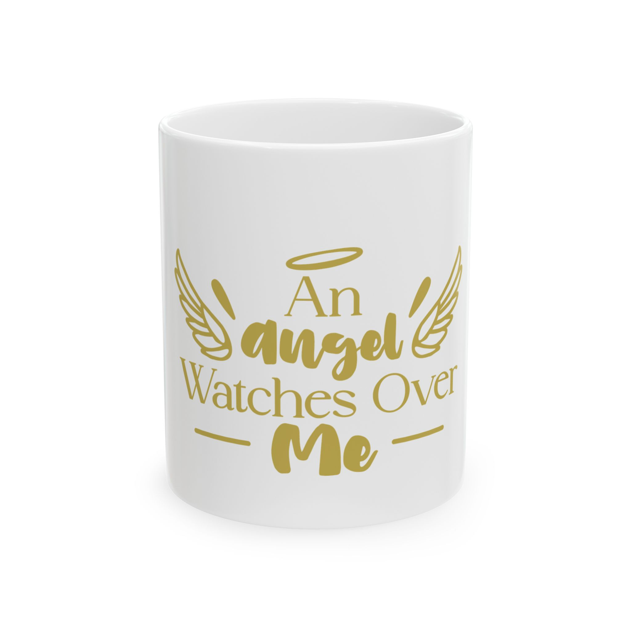 Angel Watches Over Me Mug | Gold Script Memorial Ceramic Coffee Cup