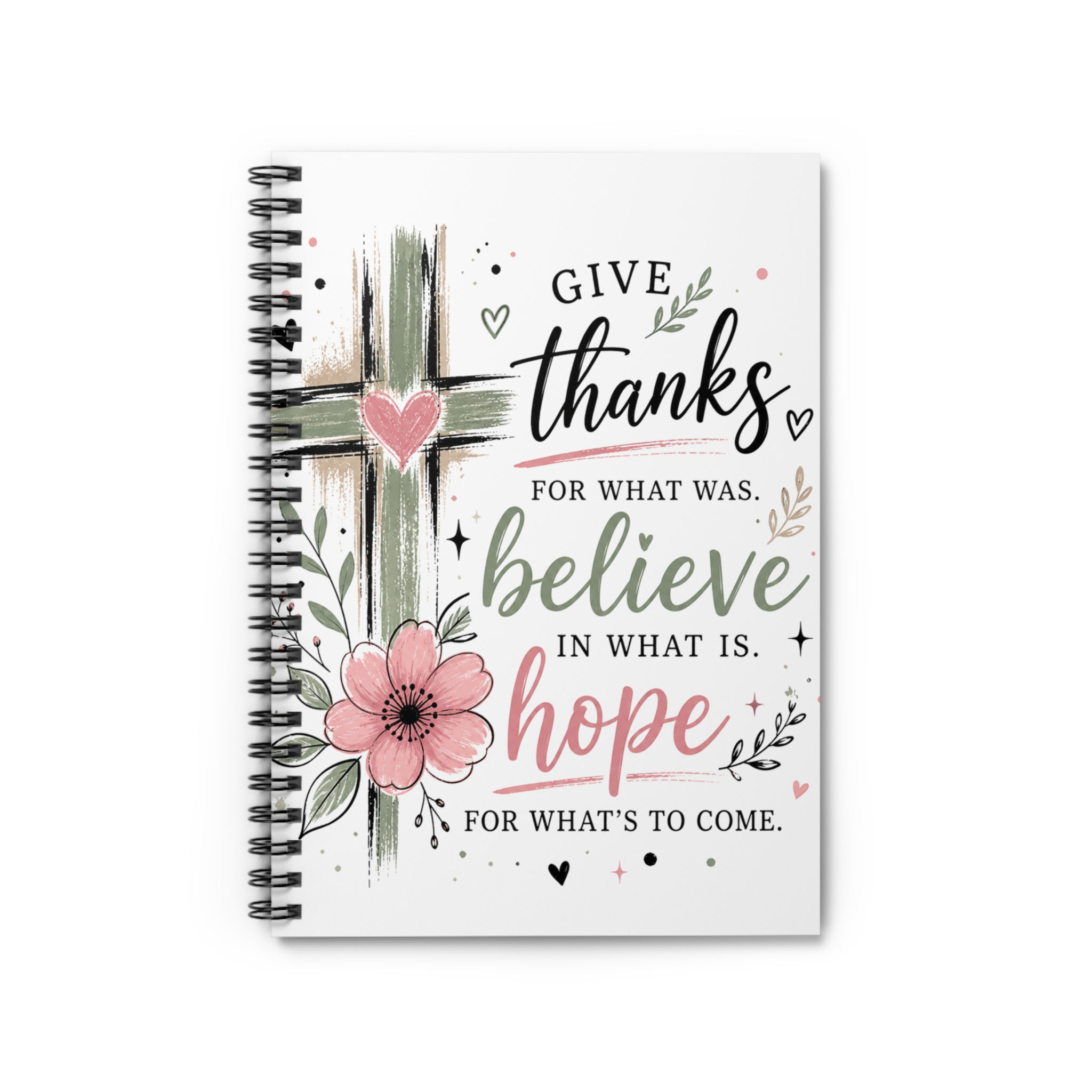Give Thanks Believe Hope Spiral Notebook | Floral Cross Inspirational Journal