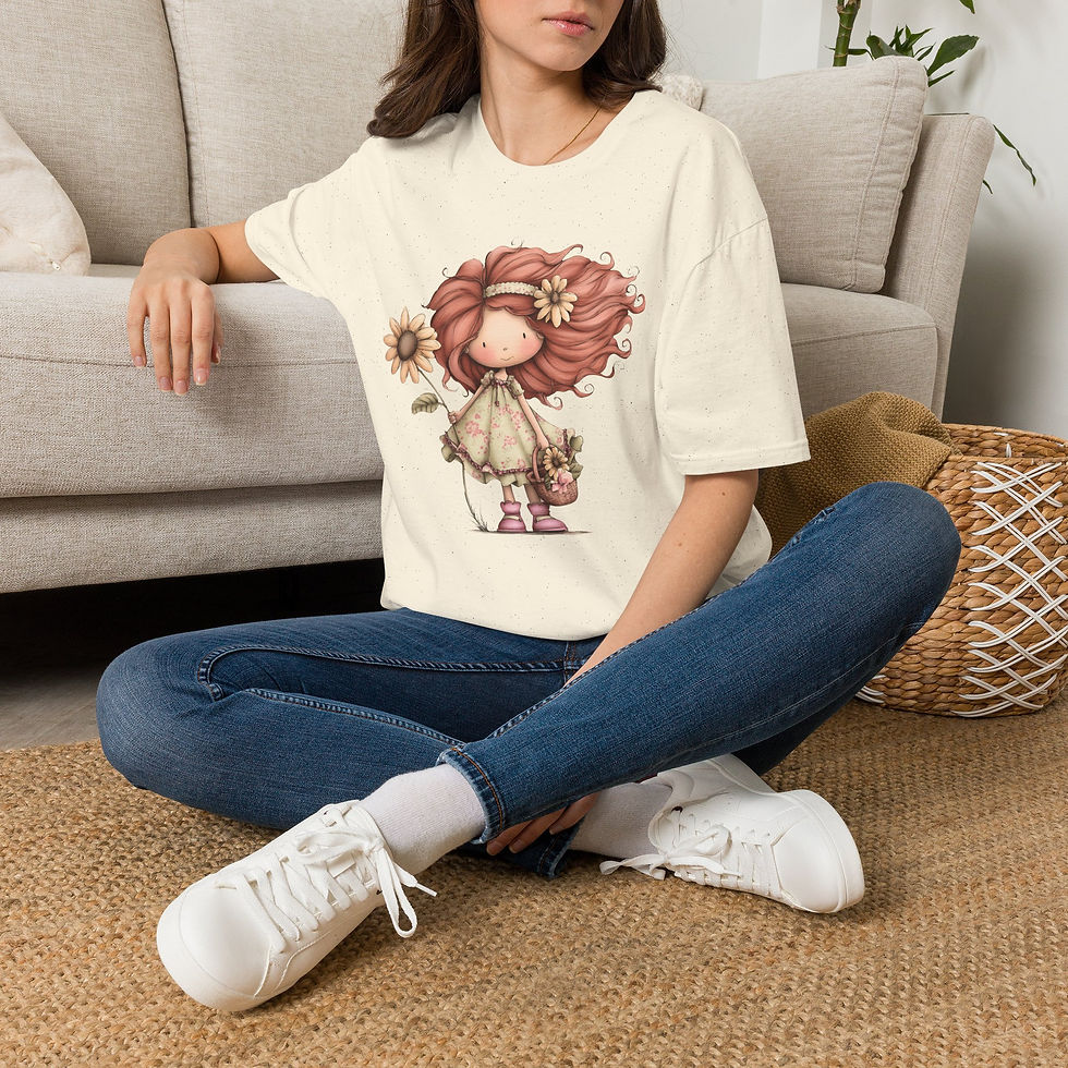 Thumbnail: Sunflower Girl Illustration T-Shirt | Cute Redhead Floral Character Tee