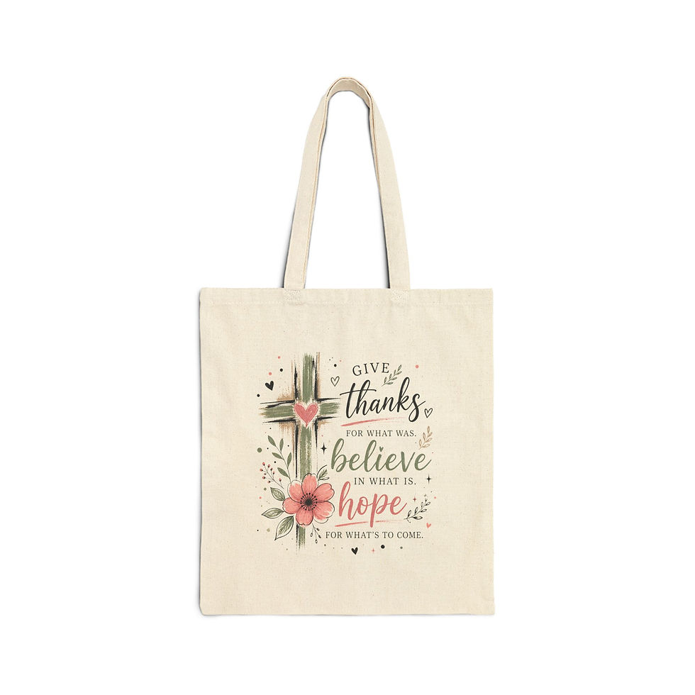 Thumbnail: Give Thanks Believe Hope cross floral Tote Bag | Inspirational Scripture design