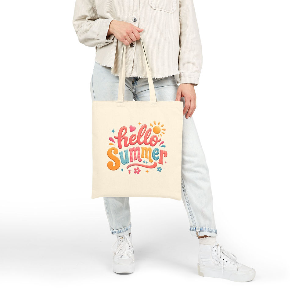 Thumbnail: Hello Summer colorful script Tote Bag | beach, sunshine, floral design